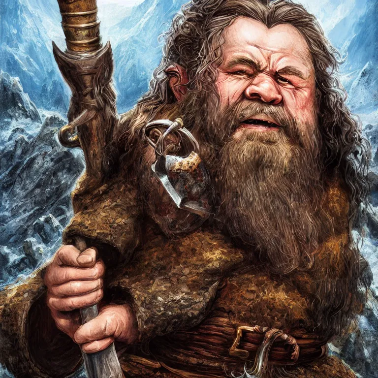 Image similar to dwarf with hammer in mountains, lord of the rings style, fantasy, poster, character portrait, portrait, close up, concept art, intricate details, highly detailed, full body, 8 k, detailed face, body