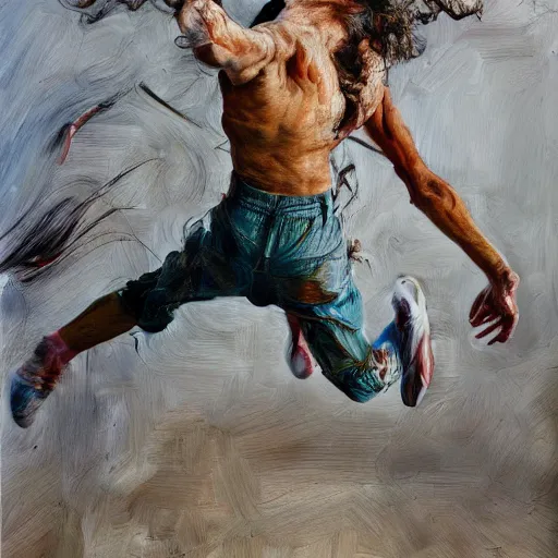 Image similar to high quality high detail painting by lucian freud and jenny saville, hd, jumping, turquoise