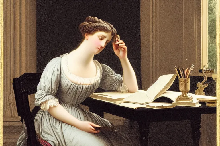 Prompt: 1 8 1 0 s lady writing at her desk by vittorio reggianini, georgian dress, directoire style, regency, empire silhouette, bright lighting, perfectly detailed eyes, beautiful hands, pale skin, clear face