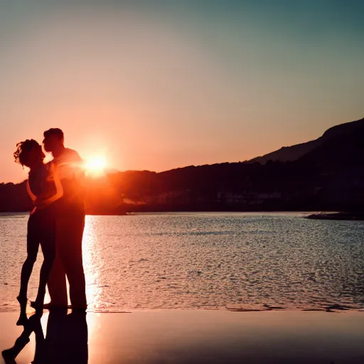 Image similar to couple dancing, sunset, cinematic, sun