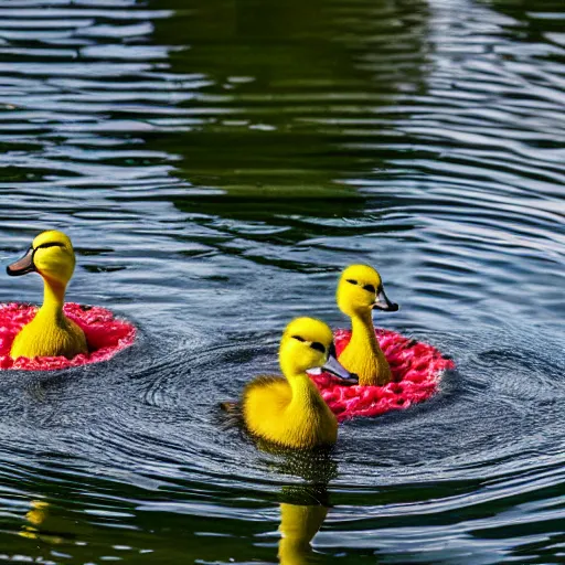 Prompt: ducklings in a watermelon pool