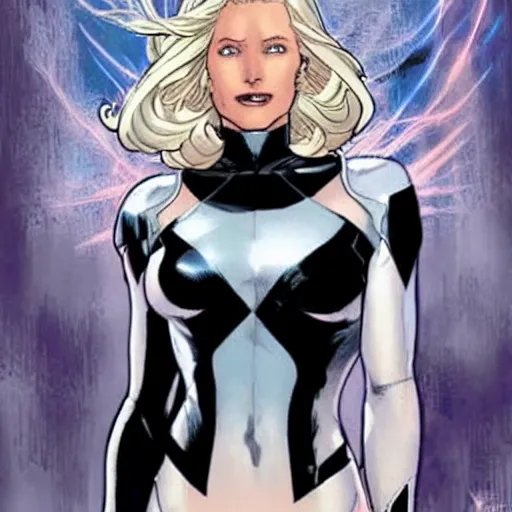 Prompt: Portrait of Emma Frost, a beautiful woman in her 30s, with white blonde hair and blue eyes, symmetrical face, detailed delicate features, graphic novel, art by Ardian Syaf and Chris Bachalo,