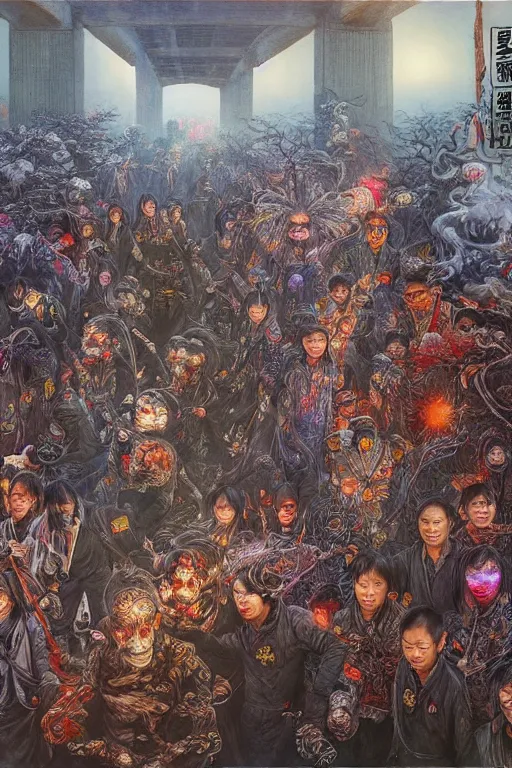 Prompt: 中 国 鬼 节, long procession of the dead is queuing up on the naihe bridge. psychedelic lights and fog, zdzislaw, ayami kojima, yamamoto, barclay shaw, karol bak, hyperrealist, 8 k