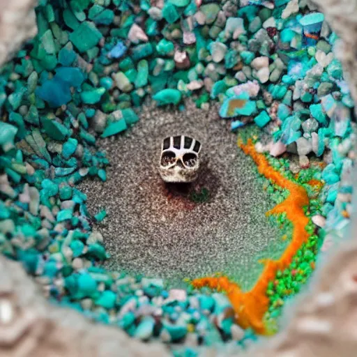 Image similar to tiny dinosaur skeleton inside a geode of colored crystals