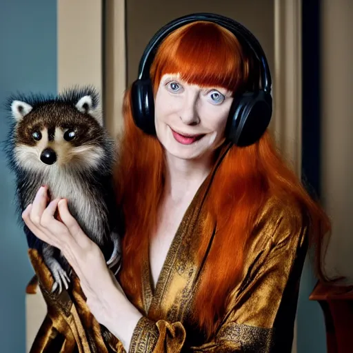 Prompt: a stunning hyper-detailed closeup portrait photo of a slender beautiful smiling woman with long ginger hair and bangs, wearing a luxurious silk robe, wearing headphones and posing with her large ginger tabby cat and her raccoon and parrots in an overstuffed easy chair in her sunlit victorian living room, holding a porcelain parrot-shaped coffee mug and a donut, perfect eyes, fashion photography, octane render, unreal engine, 85 mm lens,