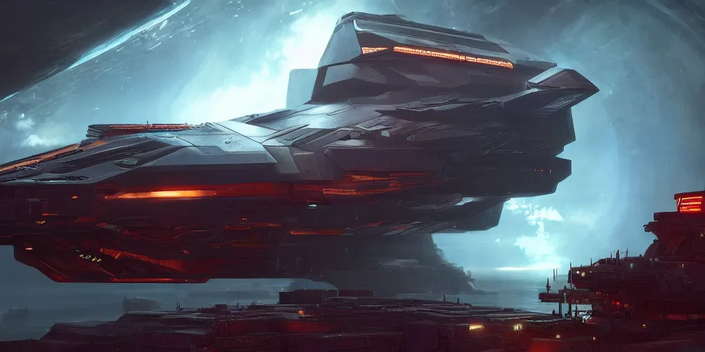 Image similar to cyberpunk cargo ship strongly resembling industrial spaceship design concept art in space, by david levy, eve online, elite dangerous, artstation, concept art, matte painting, highly detailed, rule of thirds, dynamic lighting, cinematic, detailed, magnificiant landscape, denoised