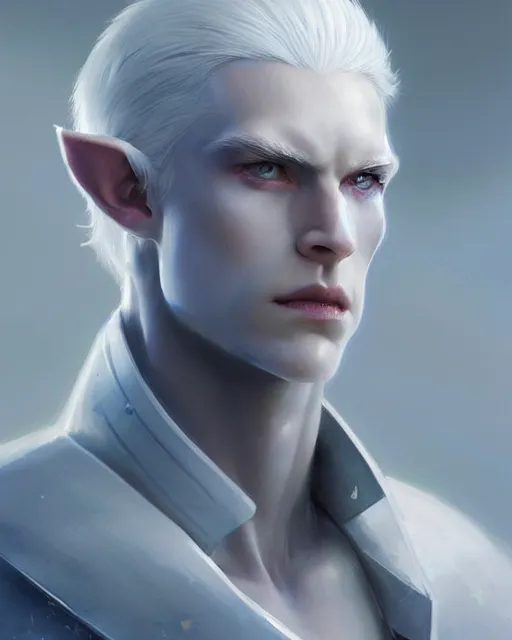 Image similar to character portrait of a slender young half white haired elven man with and piercing blue eyes and pale bluish skin, wearing sleek pearlescent black armor, by greg rutkowski and mark brookes and jim burns and tom bagshaw and magali villeneuve, trending on artstation