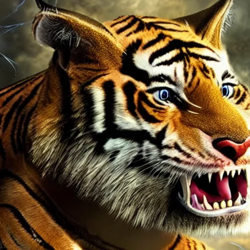 Prompt: a humanoid with cat-like creature in future armor with yellow eyes teeth that protrude past the lower lip sort of like a saber-tooth tiger and fine grayish fur on their face