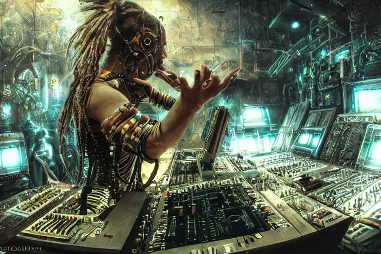 Prompt: a centered photo of a post apocalyptic tribal cyborg dj tweaking and playing synthesizers in the most complicated fractal and technical musical studio, powerful, cinematic, beautifully lit, by donato giancola, by artgerm, by karol bak, 3 d, perfect face and body, trending on artstation, octane render, 8 k