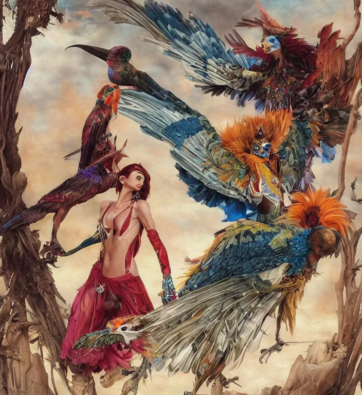 Image similar to a fashion editorial of a meditating fierce krysten ritter as a colorful harpy bird super hero with mutated scaled skin. she has many skin grafts and cyborg body modifications. by donato giancola, hans holbein, walton ford, gaston bussiere, peter mohrbacher and brian froud. 8 k, cgsociety