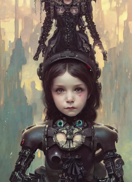 Prompt: portrait of cute little gothic girl child, warhammer 40000, cyberpunk, intricate, elegant, highly detailed, digital painting, artstation, concept art, smooth, sharp focus, illustration, art by artgerm and greg rutkowski and alphonse mucha and Gustav Klimt