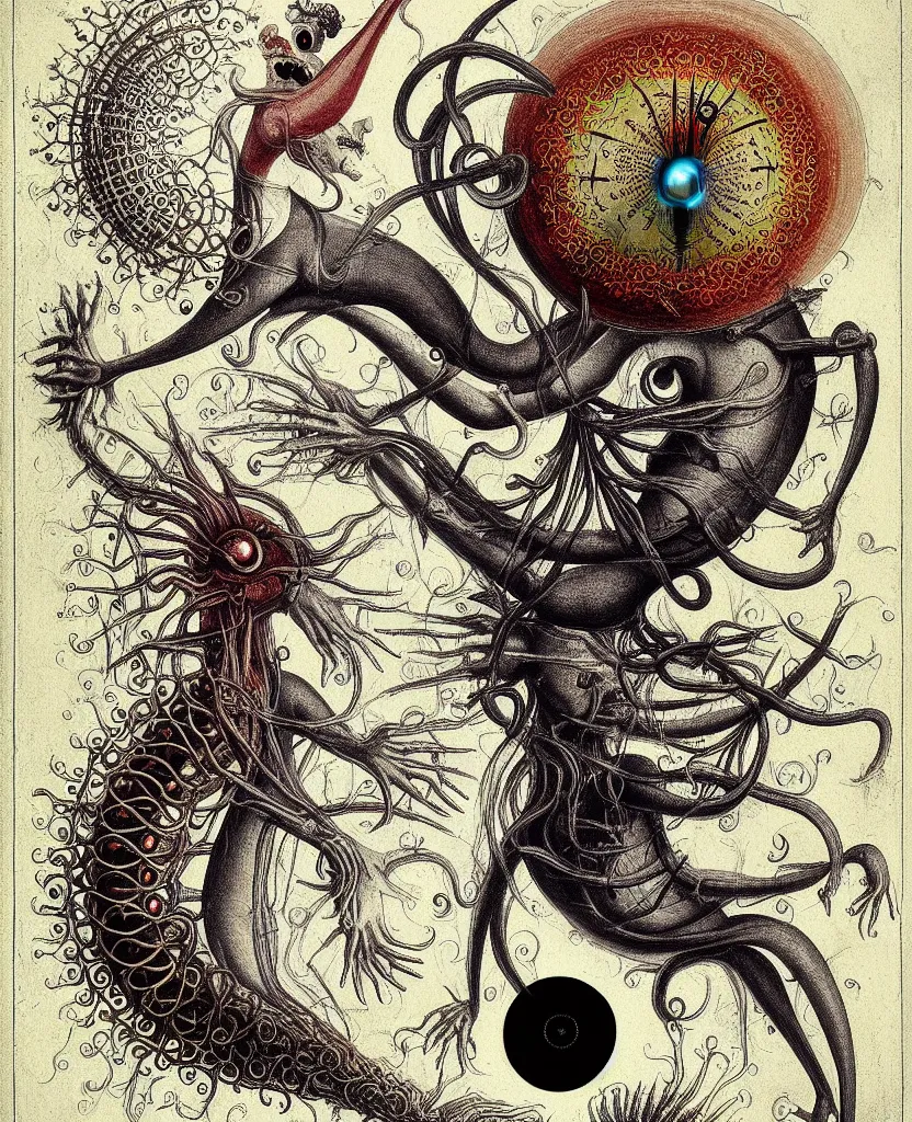 Image similar to whimsical freaky creature sings a unique canto about'as above so below'being ignited by the spirit of haeckel and robert fludd, breakthrough is iminent, glory be to the magic within, painted by ronny khalil