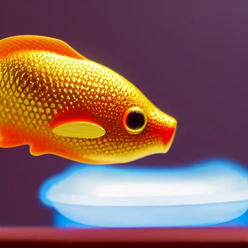 Image similar to jerry curl gold fish perfect focus, scene from tv show hyper detailed 5 5 mm 8 5 mm, toy photography, made out of plastic