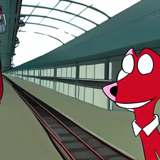 Image similar to CCTV of courage the cowardly dog at a train station