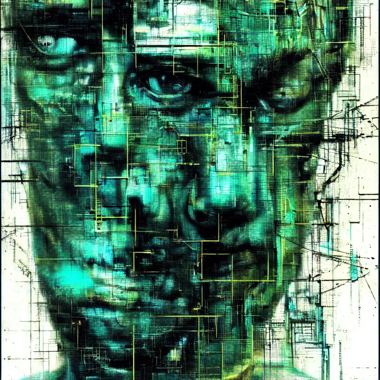 Image similar to portrait of a cyberpunk man, angry faces, mysterious, glitch effects over the eyes, by Guy Denning, by Johannes Itten, by Russ Mills, glitch art, hacking effects, chromatic, cyberpunk, intricate detail, Blue and Green, color blocking, oil on canvas, concept art, abstract, trending on artstation, masterpiece