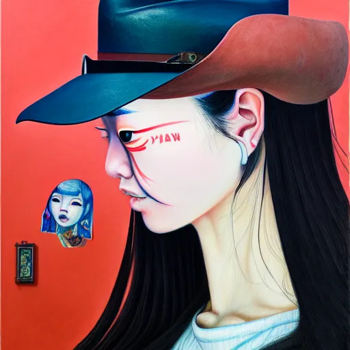 Image similar to full view of taiwanese girl with tattoos, wearing a cowboy hat, style of yoshii chie and hikari shimoda and martine johanna and edward hopper and james gilleard and zdzislaw beksisnski, highly detailed