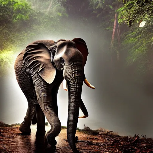 Image similar to an elephant octopus chimera, in a jungle with ominous light from above, ambient light, fog, river