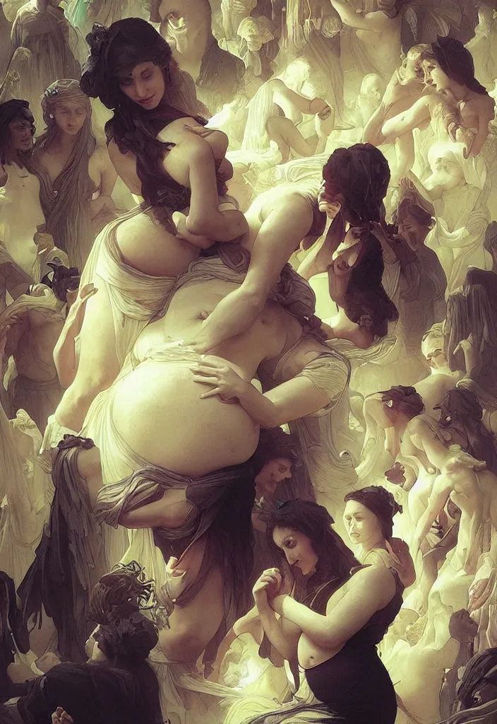 Image similar to epic pregnant woman talking to all her tribe with fluorescence bodies, proud people gather around the pregnant woman, fluorescence bodies, ice cave at night, intricate, elegant, highly detailed, digital painting, artstation, concept art, smooth, sharp focus, illustration, art by artgerm and greg rutkowski and alphonse mucha and william - adolphe bouguereau