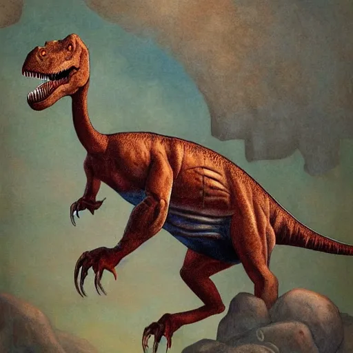 Image similar to dinosaur as a cowboy, artwork by Daniel Merriam,