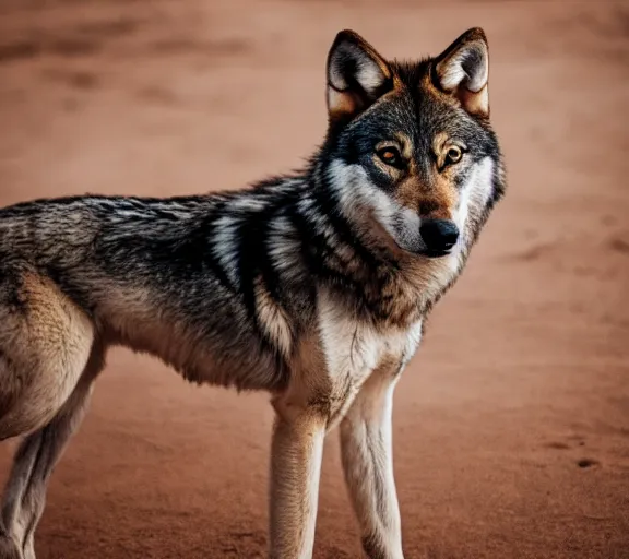 Image similar to photo of a wolf puppy, wearing cowboy clothes, in the desert, cinematic color grading, various poses, soft light, faded colors, well framed, sharp focus, 8 k