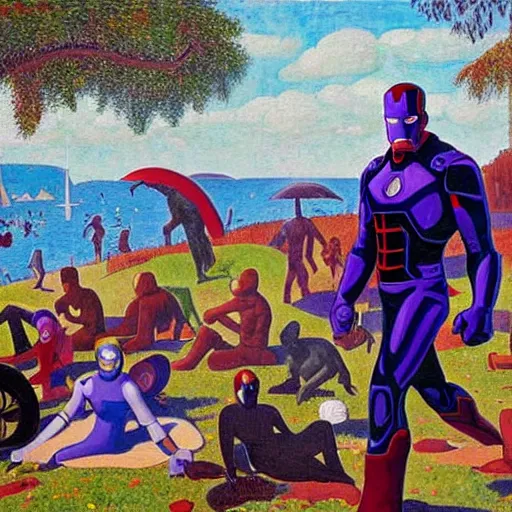 Prompt: ironman, thanos, captain america a sunday afternoon on the island of la grande jatte, painting