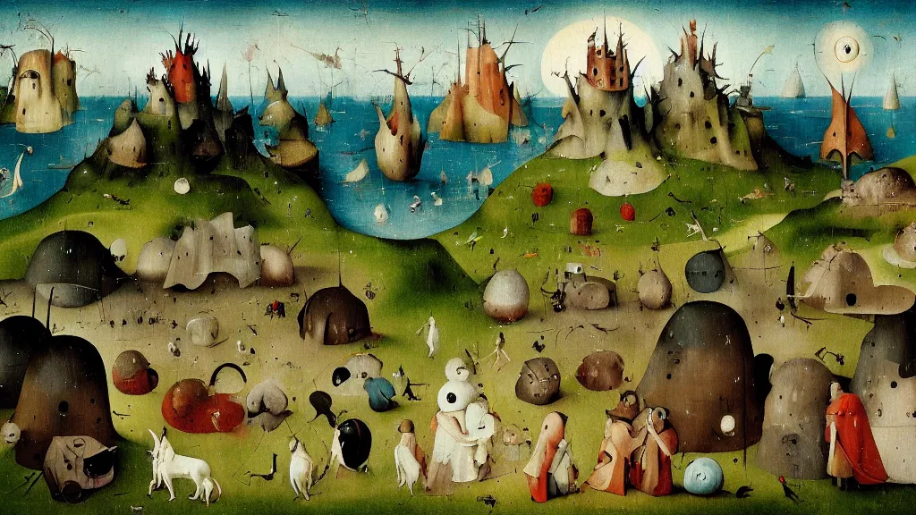 Prompt: a beautiful digital painting digital render of a landscape with strange weird creatures. hieronymus bosch. studio ghibli.