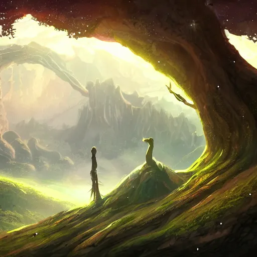 Prompt: a beautiful scenary of a fantasy world below a legendary yggdrasil tree with the background of a milky way, artstationHD, digital painting, hyper detail, elegant, cinematic, epic lighting, very very very very beautiful scenery, smooth, sharp focus