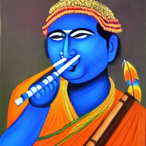 Image similar to a painting of a blue indian man playing a flute, an oil on canvas painting by ram chandra shukla, deviantart, samikshavad, digitally enhanced, beautiful