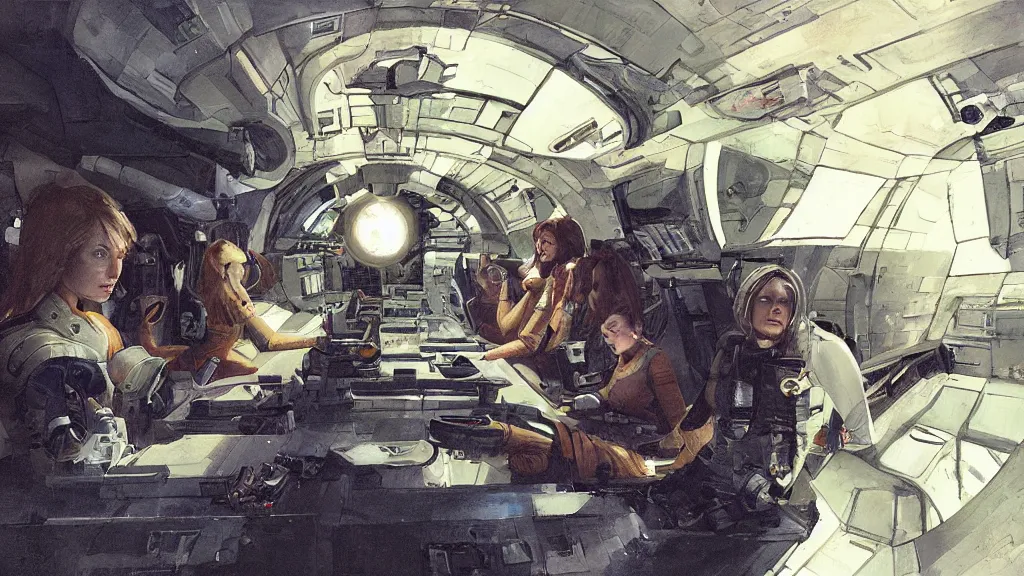 Prompt: all - female crew in a minimalistic, dark ( spaceship ), by jon foster.