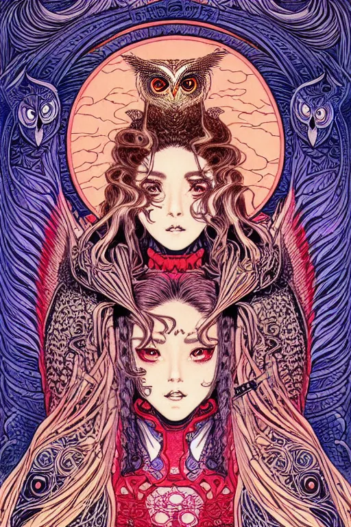 Image similar to illustration of a fire breathing woman with the head of an owl, intricate linework, in the style of moebius, ayami kojima, 1 9 9 0's anime, retro fantasy