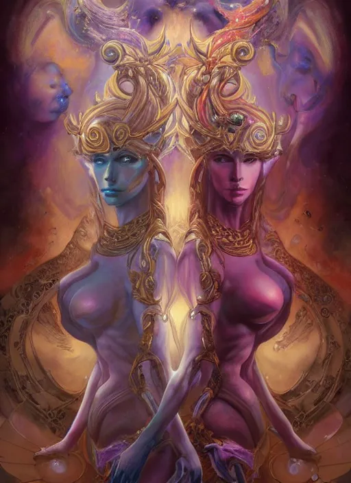 Image similar to beautiful gemini good and evil fantasy female character portrait, highly saturated colors, ultra realistic, wide angle, intricate details, the fifth element artifacts, holographic undertones, highly detailed by peter mohrbacher, hajime sorayama, wayne barlowe, boris vallejo, aaron horkey, gaston bussiere, craig mullins