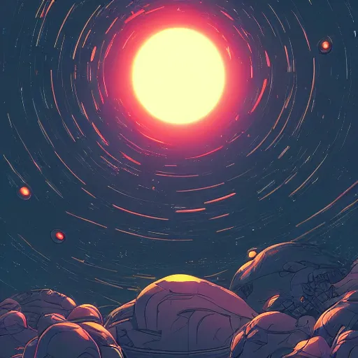 Image similar to view of a black hole swallowing a star as seen from space, by laurie greasley and andreas rocha and brian sum and makoto shinkai, rule of thirds, colorful and bright, clouds in the distance, unreal engine, cinematic lighting, volumetric lighting, featured on artstation