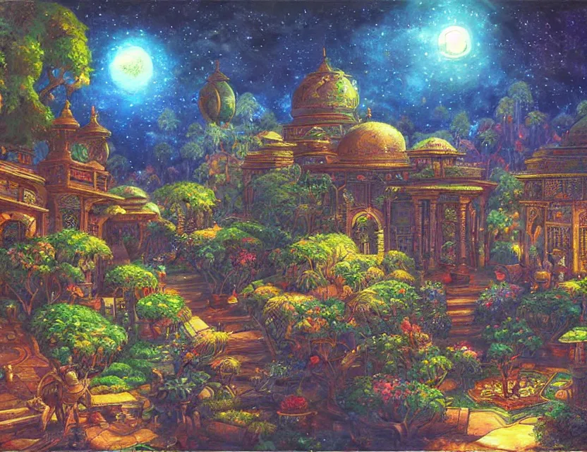 Prompt: persian garden in a galactic fortress. this oil painting by the award - winning mangaka has dramatic lighting, an interesting color scheme and intricate details.