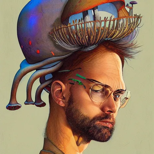 Image similar to mushroom mohawk projector portrait by gaston bussierre and charles vess and james jean and erik jones and rhads, inspired by rick and morty, epic, funny, huge scale, beautiful fine face features, intricate high details, sharp, ultradetailed