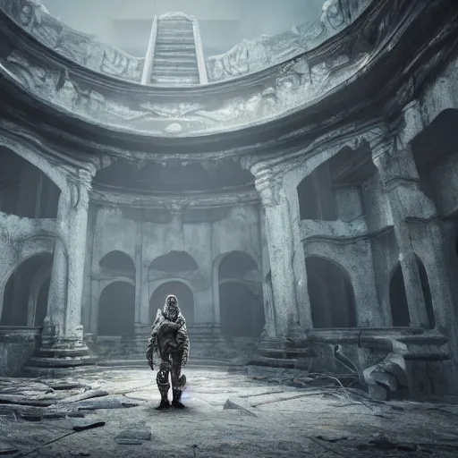 Prompt: scary ghost staying in the middle of abandoned huge temple, matte painting, hyper realistic render, cryengine, unreal engine, cyberpunk, dark art, digital art