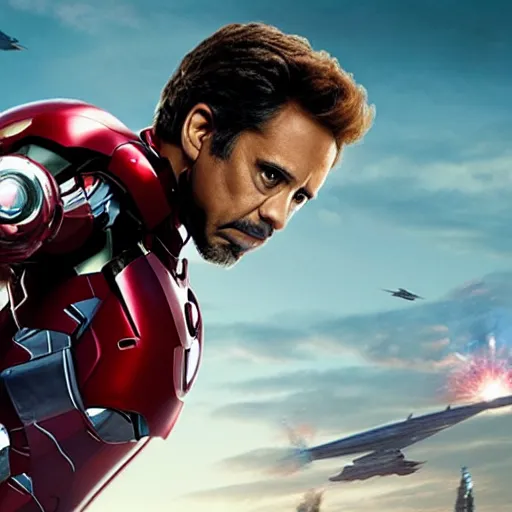 Image similar to promotional image of Mark Ruffalo as Iron Man in Iron Man（2008）, he wears Iron Man armor without his face, movie still frame, promotional image, imax 70 mm footage