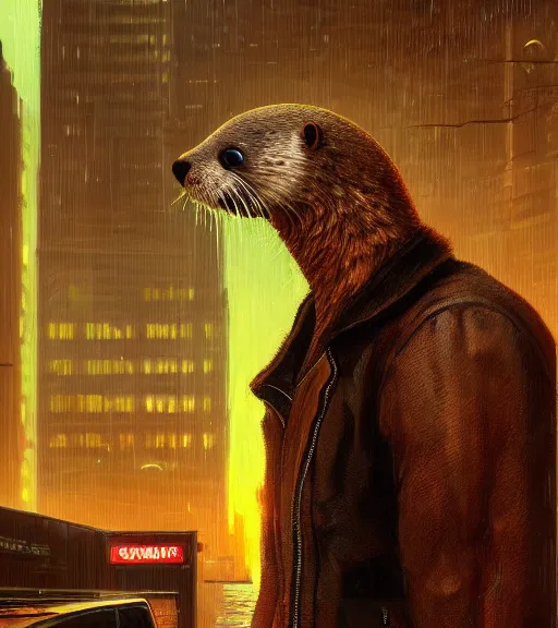 Image similar to new york city portrait of furry anthro anthropomorphic river otter head animal person fursona wearing clothes strange cybernetic muzzle gloomy rainy screenshot from the video game cyberpunk 2077 digital art by Greg Rutkowski, Simon Stalenhag, christopher nolan trending on Artstation, CGSociety