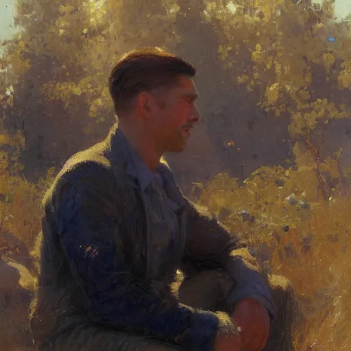 Image similar to a man with a blowout haircut, painting by Gaston Bussiere, Craig Mullins