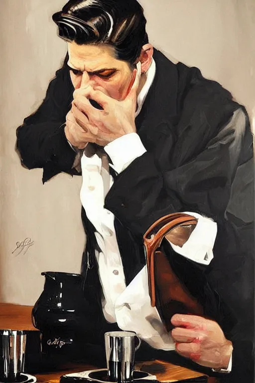 Prompt: dale cooper drinking coffee, coffee spilling, waves of black liquid, painting by jc leyendecker!! phil hale!, lynchian!!!! ominious, dark lighting, angular, brush strokes, painterly, vintage, crisp