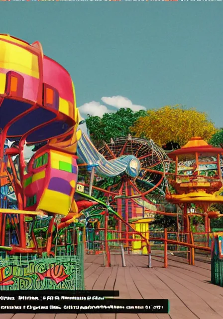 Image similar to a colorful primitive 3D render of an amusement park, Primitive 90s CGI render, 1994, softimage 3D, bryce 3D, infini-D, surreal, retro 70s scanned magazine ad