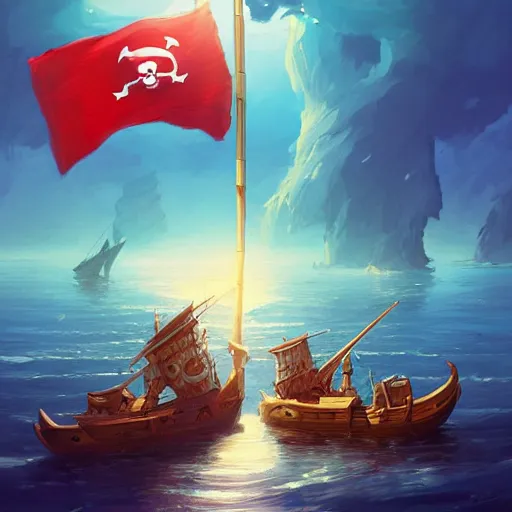 Image similar to two large pirates ship floating on top of a body of water, fighting each other, pirates flag , cgsociety, fantasy art, 2d game art, concept art , ambient occlusion, bokeh, behance hd , concept art by Jesper Ejsing, by RHADS, Makoto Shinkai Cyril Rolando