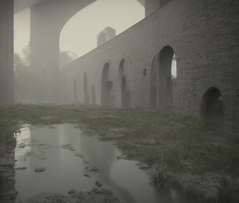 Image similar to tiled room squared waterway, aqueducts, gloomy and foggy atmosphere, octane render, artstation trending, horror scene, highly detailded