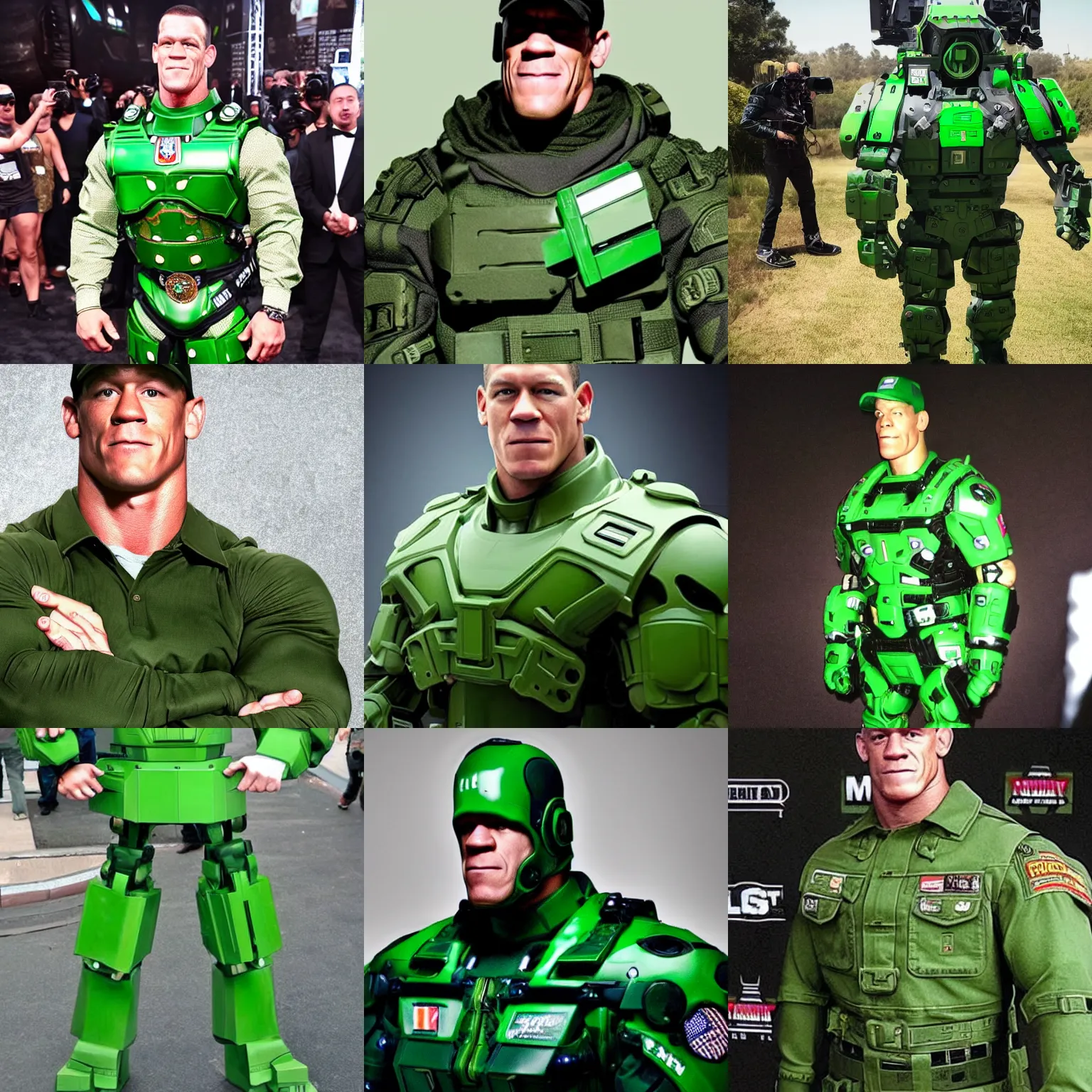 Prompt: john cena in a green mech, photographed in real life