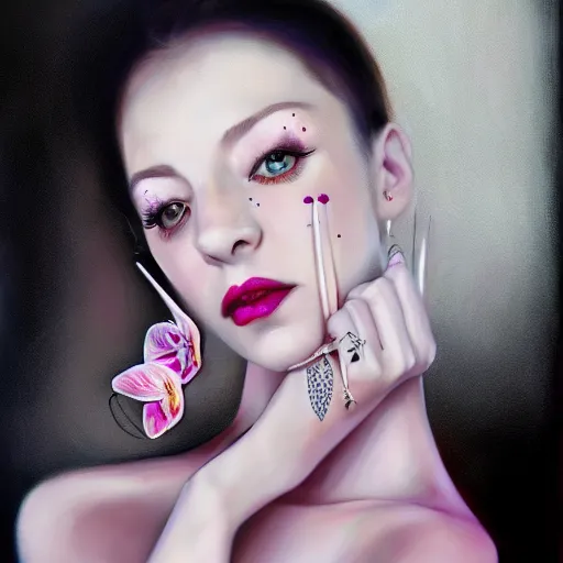 Image similar to a portrait of an intensely lit orchid mantis woman full of piercings, modeling, white and pink, oil painting, pale colors, high detail, 8 k, wide angle, trending on artstation,