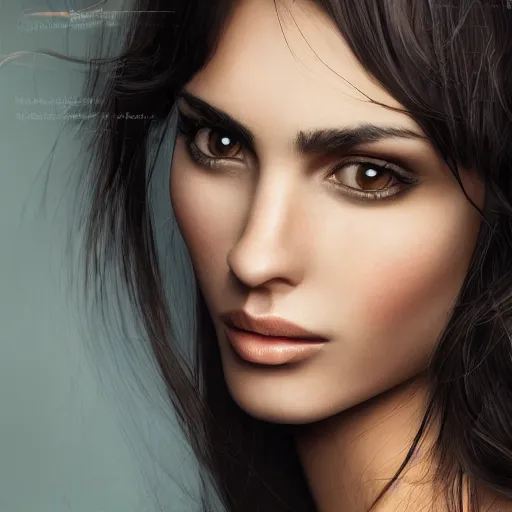 Prompt: Portrait photo of a Spanish Supermodel, long dark hair, olive skin, she has beautiful bone structure, posed in profile, studio lighting, highly detailed, art by artgerm, fine art photography