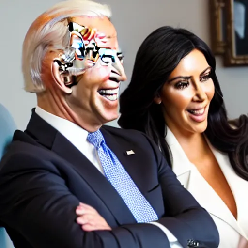 Image similar to stock photo of kim kardashian, and joe biden wearing suits and ties laughing in an office building, 8k resolution, full HD, cinematic lighting, award winning, anatomically correct