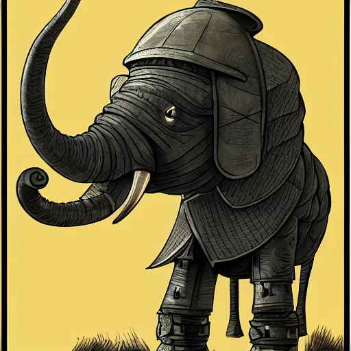 Prompt: armored knight wearing an elephant shaped helmet, pulp fantasy illustration