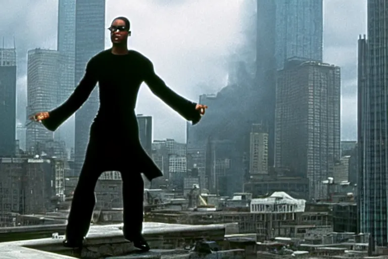 Prompt: film still of dwyane johnson as neo from the matrix standing on a roof top