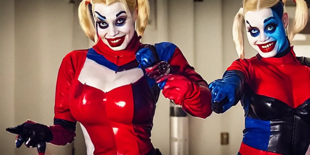 Image similar to ' adam west'as'harley quinn ', cinematic scene, award winning