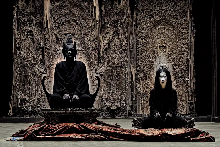 Prompt: vampire queen sitting on a throne in the abandoned buddhist temple, omnious, eerie, magnificent, wow, intricate, by nicola samori, by ryoji ikeda